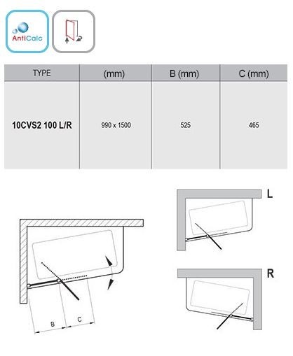 Ravak 10 parawan nawannowy 10CVS2 2-elementowy 100 cm prawy biały przeźroczyste ANTICALC 7QRA0103Z1