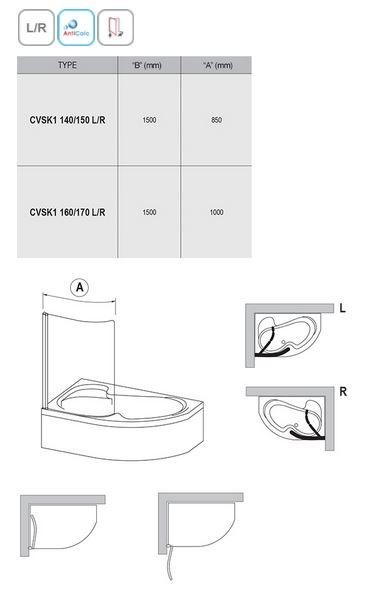 Ravak Rosa parawan nawannowy CVSK1 85 cm do wanny 140/150 cm lewy srebrny matowy przeźroczyste ANTICALC 7QLM0U00Y1