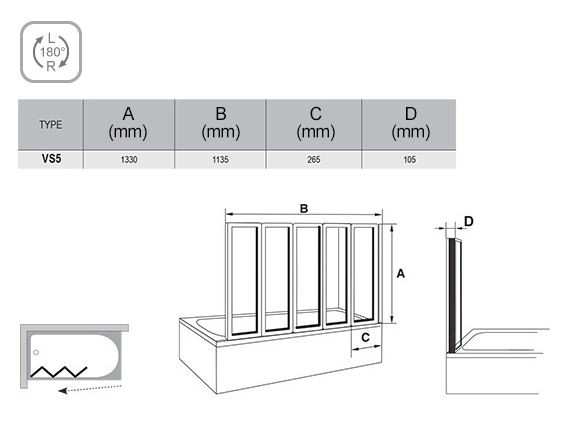 Ravak VS5 Supernova parawan nawannowy uniwersalny 113,5 cm biały rain 794E010041