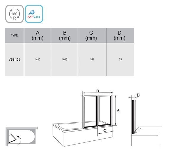Ravak Supernova parawan nawannowy uniwersalny 105 cm srebrny matowy rain 796M0U0041