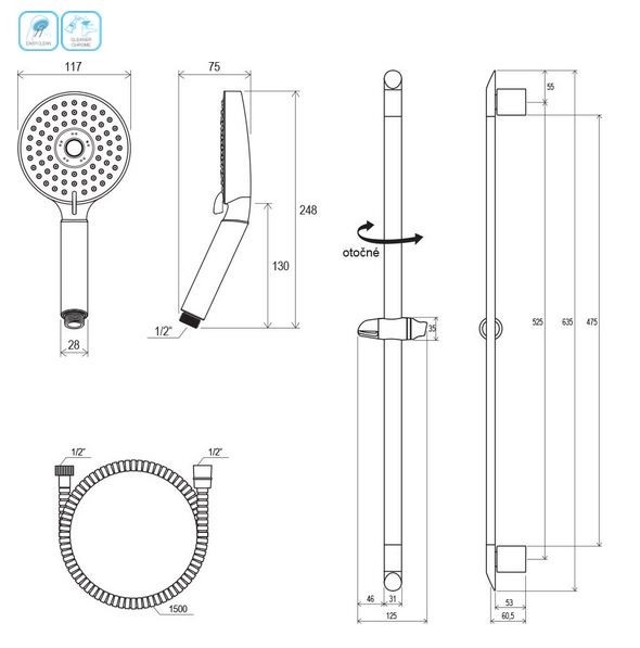 Ravak zestaw prysznicowy z drążkiem Flat M 63 cm chrom X07P177