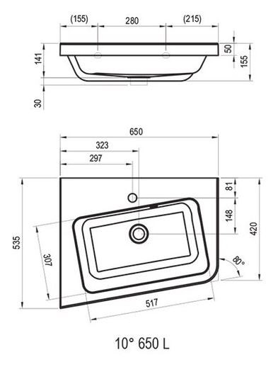 Ravak 10 umywalka wisząca asymetryczna lewa z otworem na baterię 65x53,5 cm konglomerat XJIL1165000