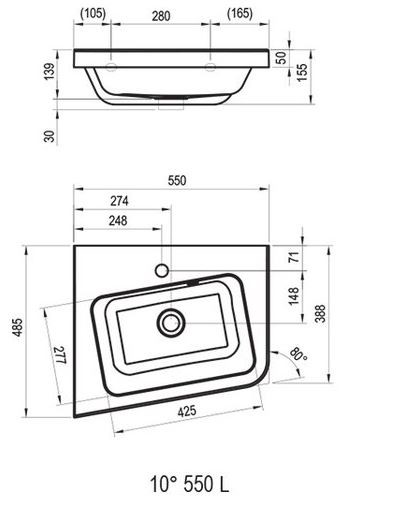 Ravak 10 umywalka wisząca asymetryczna lewa z otworem na baterię 55x45 cm konglomerat XJIL1155000