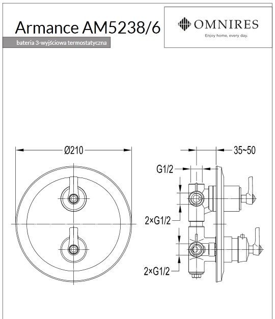 Omnires Armance bateria podtynkowa termostatyczna 3-drożna retro miedź antyczna AM5238/6ORB