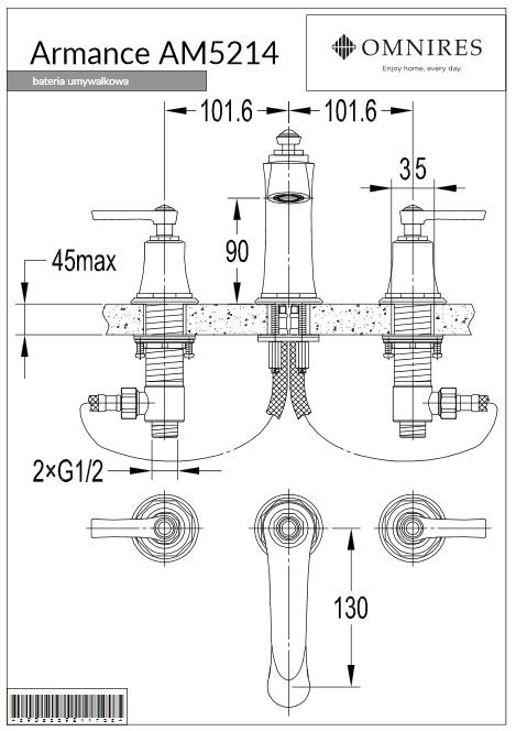 Omnires Armance bateria umywalkowa 3-otworowa retro chrom AM5214CR
