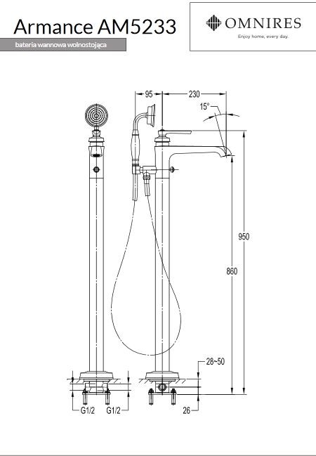Omnires Armance bateria wannowa wolnostojąca podłogowa retro chrom AM5233CR