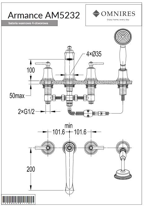 Omnires Armance bateria wannowa 4-otworowa retro chrom AM5232CR