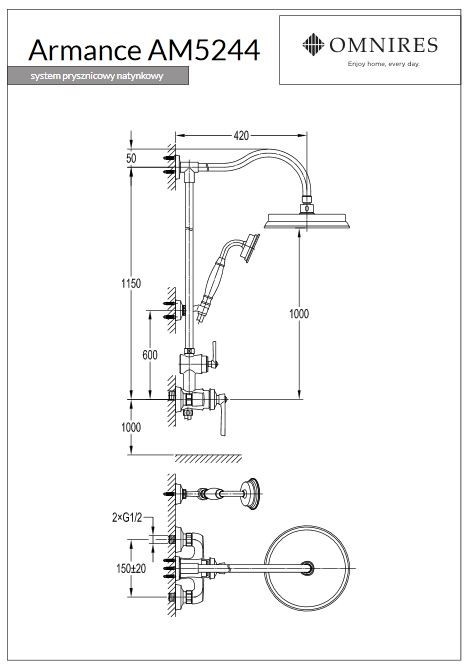 Omnires Armance kolumna prysznicowa z deszczownicą retro miedź antyczna AM5244ORB