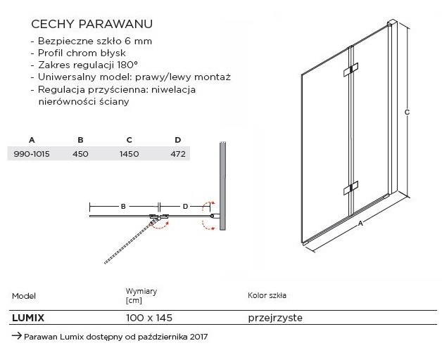 BESCO Lumix parawan nawannowy 2-skrzydłowy 100 cm składany chrom PL-2S