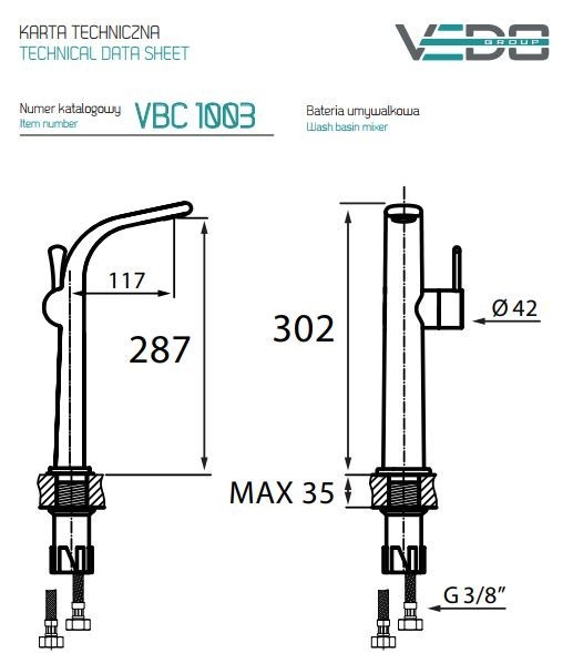 Vedo Cento bateria umywalkowa wysoka z korkiem klik klak chrom VBC1003/c