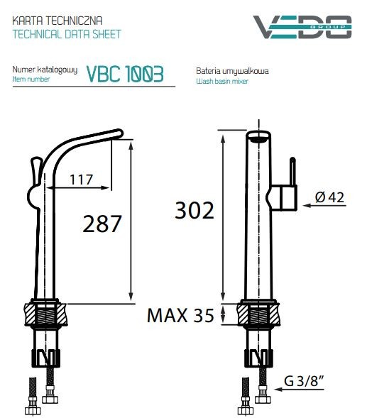 Vedo Cento bateria umywalkowa wysoka bez korka chrom VBC1003