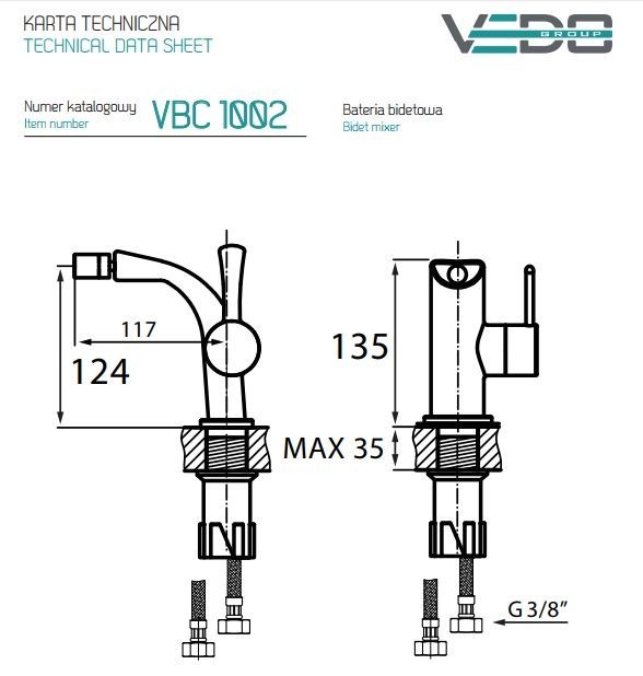Vedo Cento bateria bidetowa z korkiem typu klik klak chrom VBC1002/C