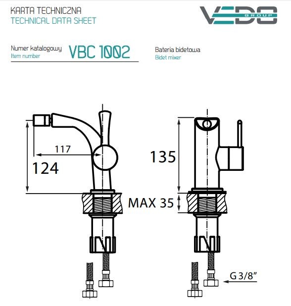Vedo Cento bateria bidetowa bez korka chrom VBC1002