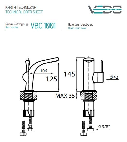 Vedo Cento bateria umywalkowa bez korka chrom VBC1001