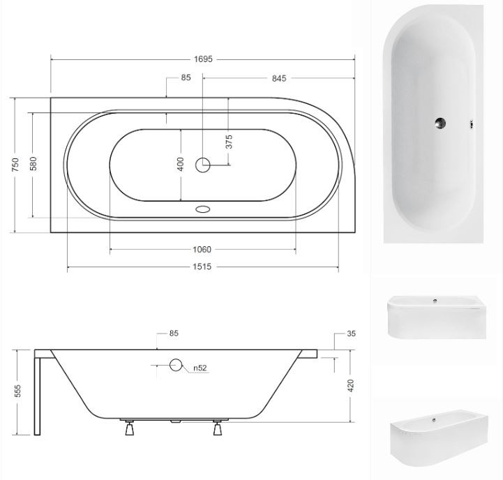 BESCO Avita wanna asymetryczna prawa 170x75 akryl biały
