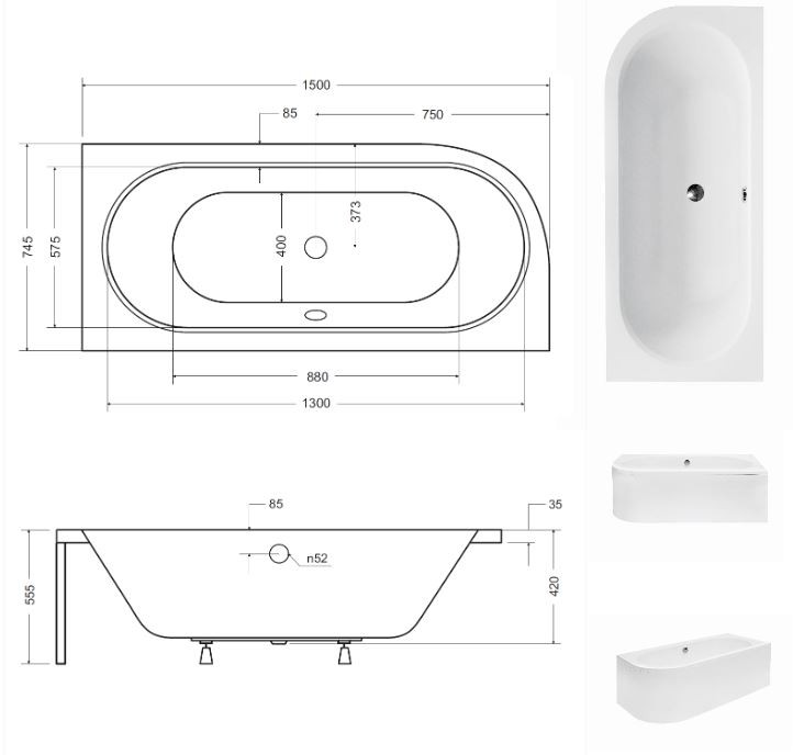 BESCO Avita wanna asymetryczna prawa 150x75 akryl biały