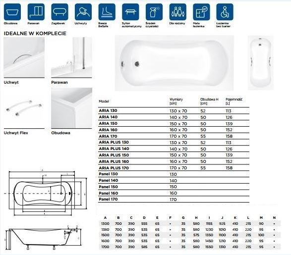 BESCO Aria wanna prostokątna 170x70 akryl biały