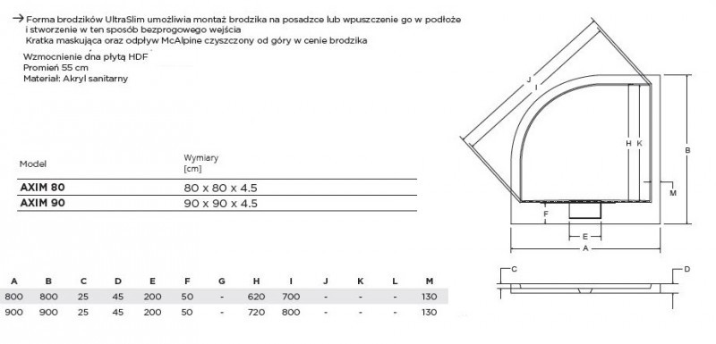 BESCO Axim Ultraslim brodzik półokrągły 90x90 wys.4,5 cm promień 550 akryl biały
