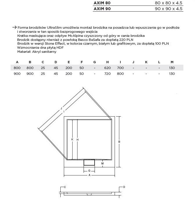 BESCO Axim Ultraslim brodzik kwadratowy 90X90 wys.4,5 cm akryl biały