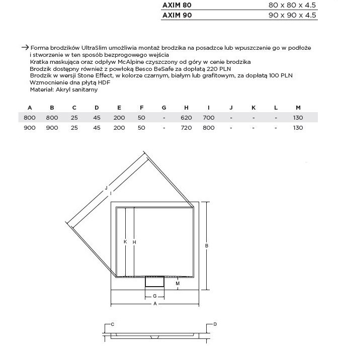 BESCO Axim Ultraslim brodzik kwadratowy 80x80 wys.4,5 cm akryl biały