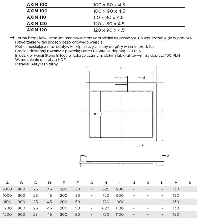 BESCO Axim Ultraslim brodzik prostokątny 100x80 wys.4,5 cm akryl biały