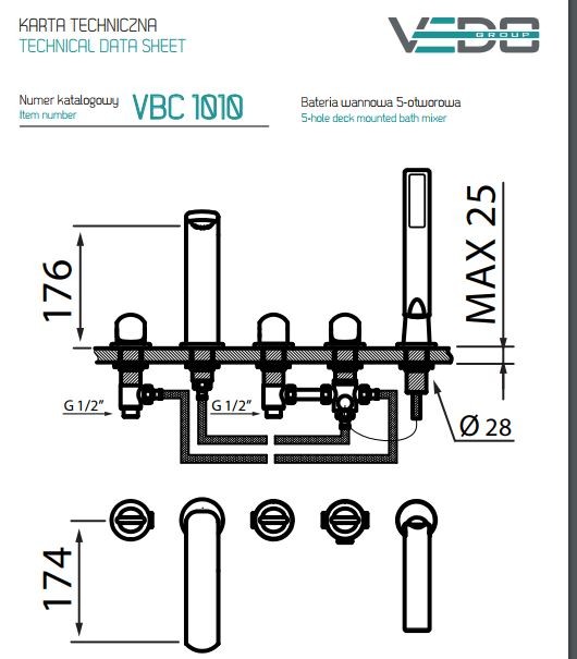 Vedo Cento bateria wannowa 5-otworowa chrom VBC1050