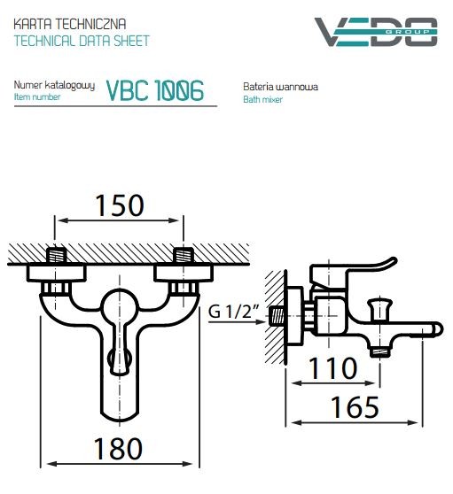 Vedo Cento bateria wannowa ścienna chrom VBC1006