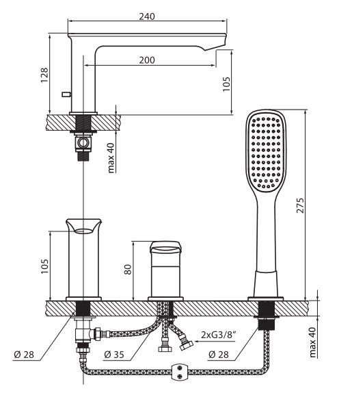 Vedo Otto bateria wannowa 3-otworowa chrom VBO8030
