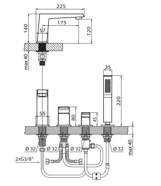 Vedo Sette bateria wannowa 4-otworowa chrom VBS7040