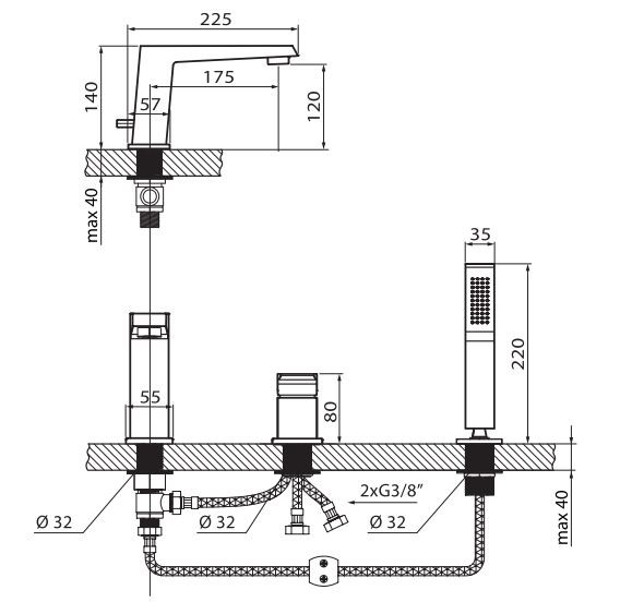 Vedo Sette bateria wannowa 3-otworowa chrom VBS7030