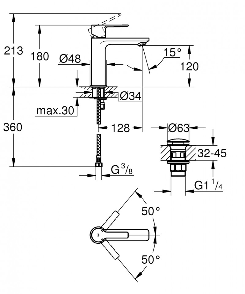 Grohe Lineare bateria umywalkowa z korkiem typu klik klak stal 23106DC1
