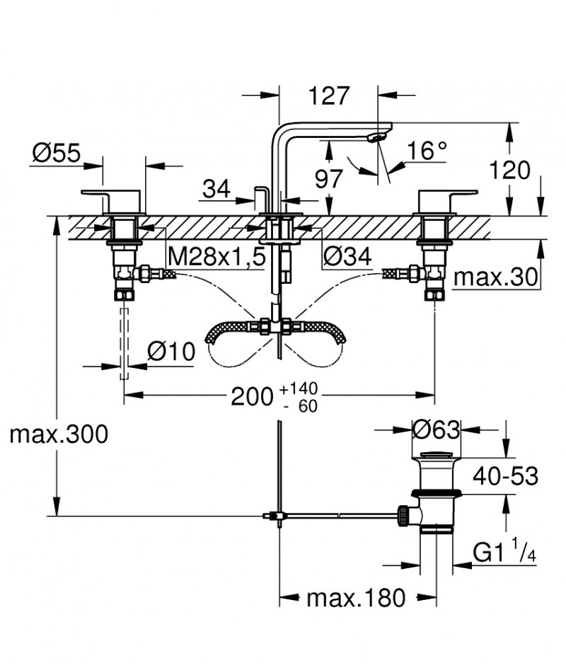 Grohe Lineare bateria umywalkowa trzyotworowa z korkiem chrom 20304001