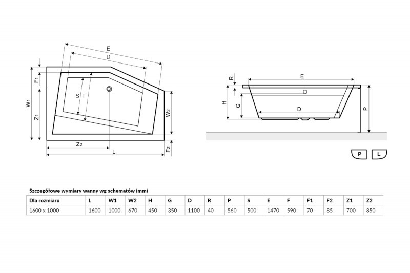 Excellent Vesper wanna asymetryczna 160x100 prawa z nogami WAEX.VEP16WH