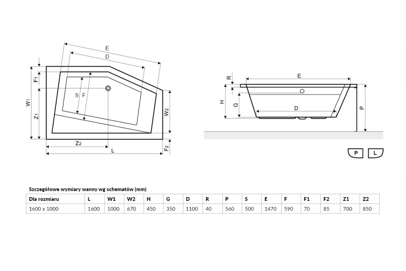 Excellent Vesper wanna asymetryczna 160x100 lewa z nogami WAEX.VEL16WH