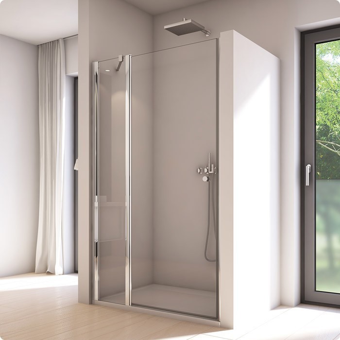 Sanswiss Solino drzwi otwierane jednoczęściowe ze ścianką stałą w linii 100 cm do wnęki lub ścianki srebrny połysk przeźroczyste SOL1310005007