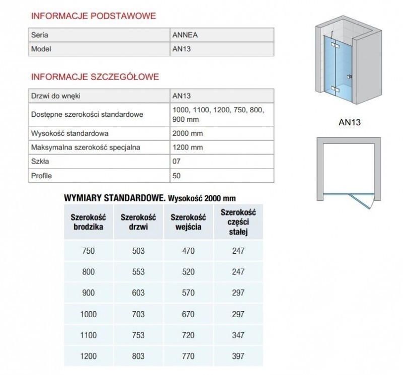 Sanswiss Annea drzwi otwierane jednoczęściowe ze ścianką stałą w lini PRAWE 120 cm do wnęki lub ścianki srebrny połysk przeźroczyste AN13D12005007