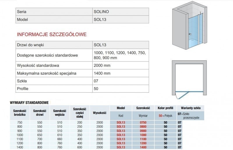 Sanswiss Solino drzwi otwierane jednoczęściowe ze ścianką stałą w linii 140 cm do wnęki lub ścianki srebrny połysk przeźroczyste SOL1314005007