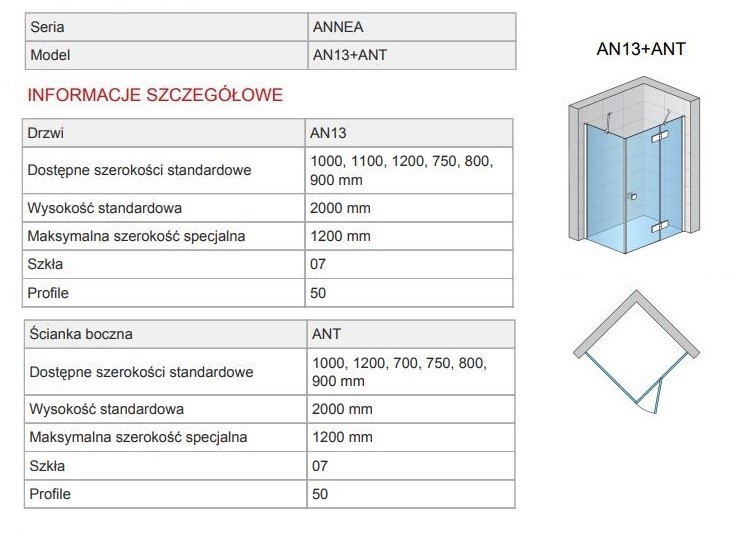 Sanswiss Annea kabina prostokątna drzwi PRAWE 110 cm i ścianka 70 cm srebrny połysk przeźroczyste AN13D11005007 ANT07005007