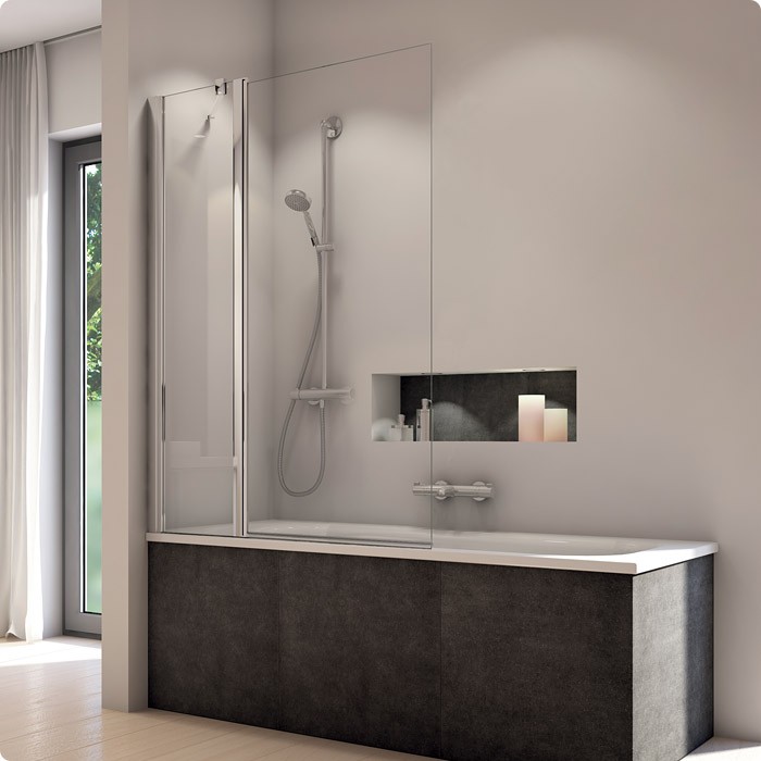 SanSwiss Solino parawan wannowy dwuczęściowy ruchomy z częścia stałą 90cm srebrny połysk przeźroczyste SOEB130905007