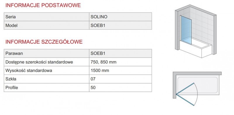 SanSwiss Solino parawan wannowy jednoczęściowy ruchomy 85cm srebrny połysk przeźroczyste SOEB108505007