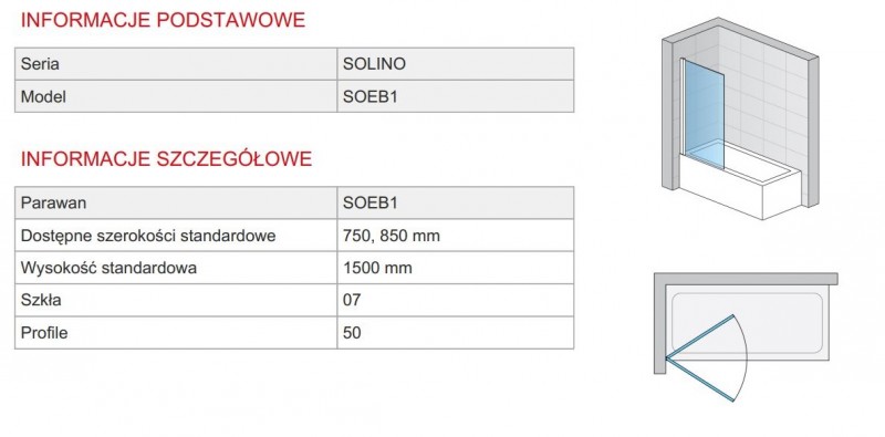 SanSwiss Solino parawan wannowy jednoczęściowy ruchomy 75cm srebrny połysk przeźroczyste SOEB107505007