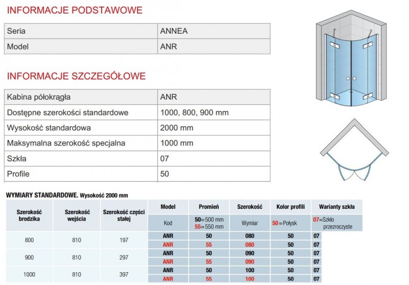 SanSwiss Annea kabina półokrągła 80x80 r.500 drzwi otwierane srebrny połysk przeźroczyste ANR500805007