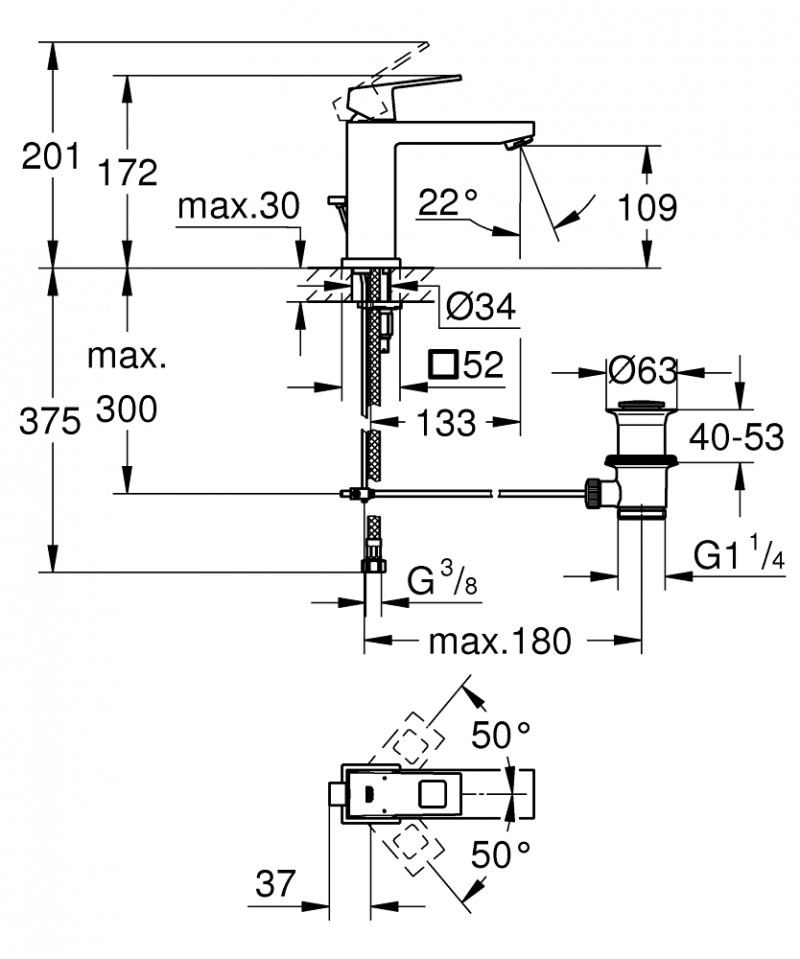 Grohe Eurocube bateria umywalkowa z korkiem chrom 23445000