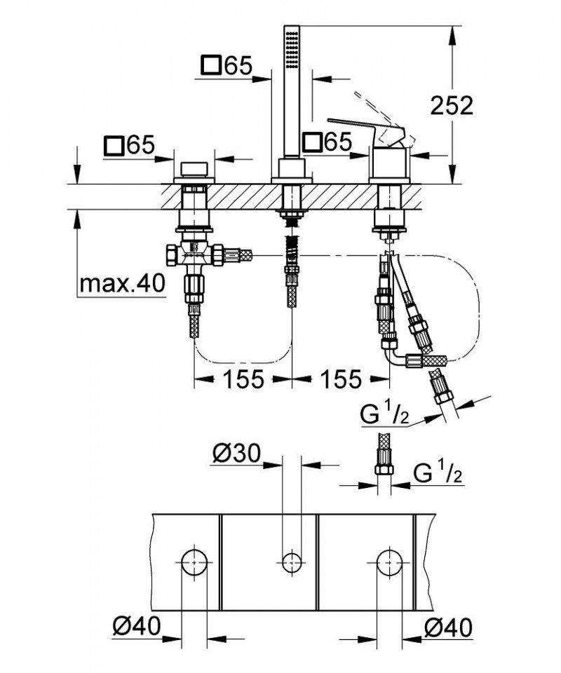 Grohe Eurocube bateria wannowa trzyotworowa chrom 19966000