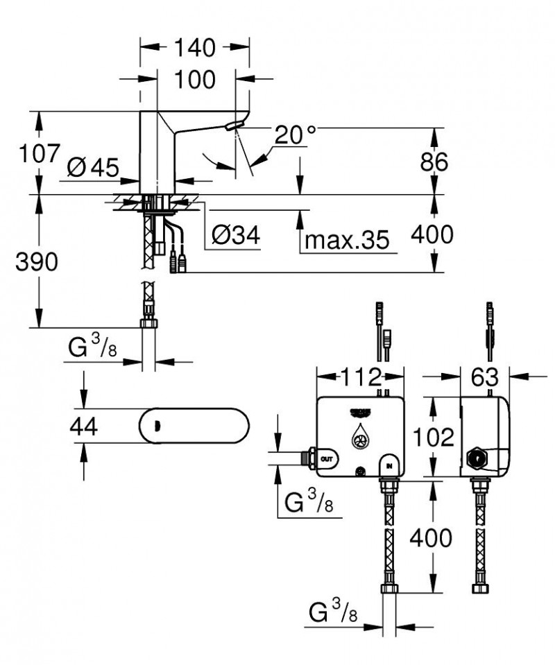 Grohe Euroeco Cosmopolitan E elektroniczna bateria umywalkowa z generatorem powerbox chrom 36384000