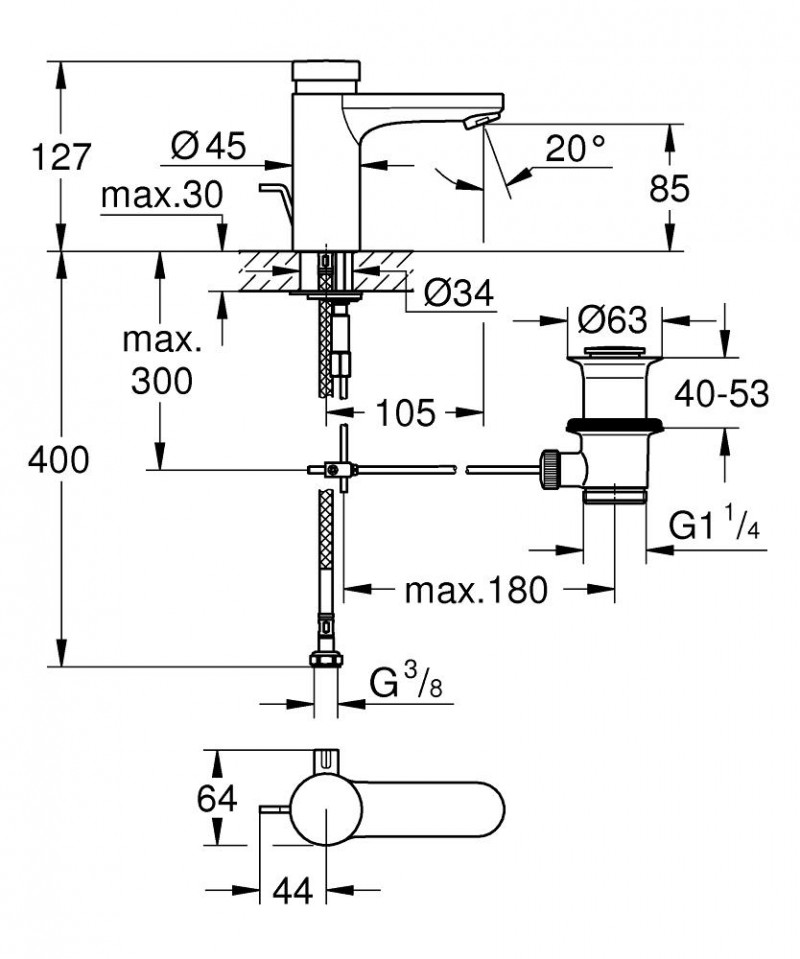 Grohe Eurosmart Cosmopolitan T samozamykająca bateria umywalkowa z korkiem chrom 36318000