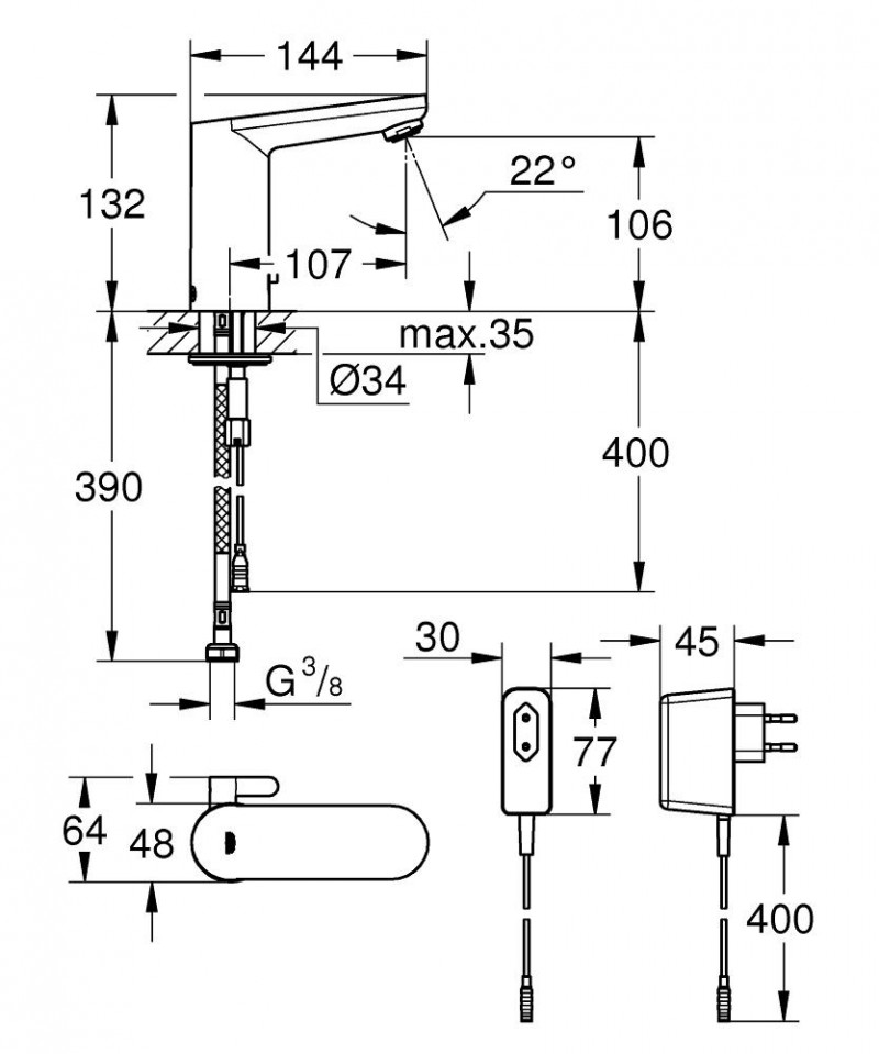 Grohe Eurosmart Cosmopolitan E elektroniczna bateria umywalkowa zasilana z sieci 230V chrom 36325001