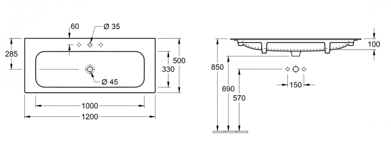 Villeroy&Boch Finion umywalka meblowa z ukrytym przelewem ViFlow 120cm biały weiss alpin ceramicplus 4164CBR1