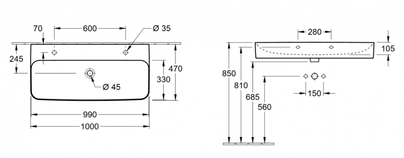 Villeroy&Boch Finion umywalka z 2 otworami bez przelewu 100cm biały weiss alpin ceramicplus 4168A1R1