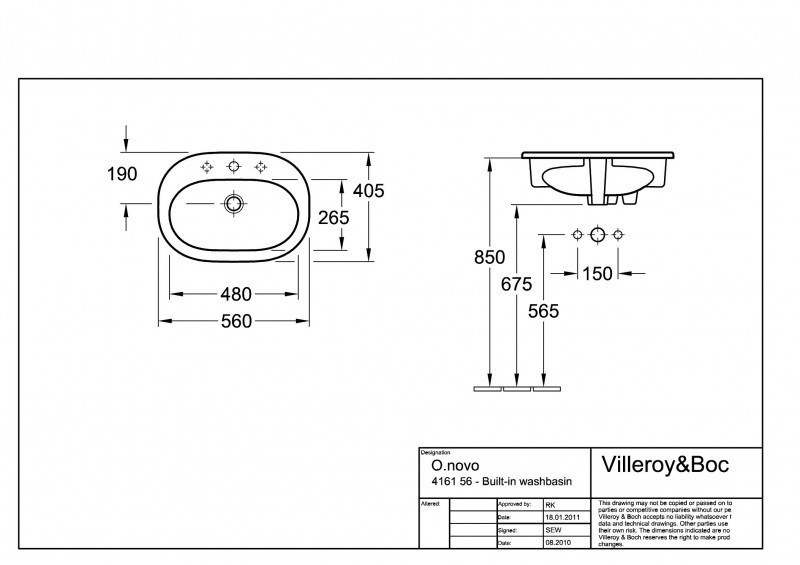 Villeroy&Boch O.Novo umywalka wpuszczana w blat 56cm 56x40,5 bez przelewu biała weiss alpin ceramicplus 416157R1
